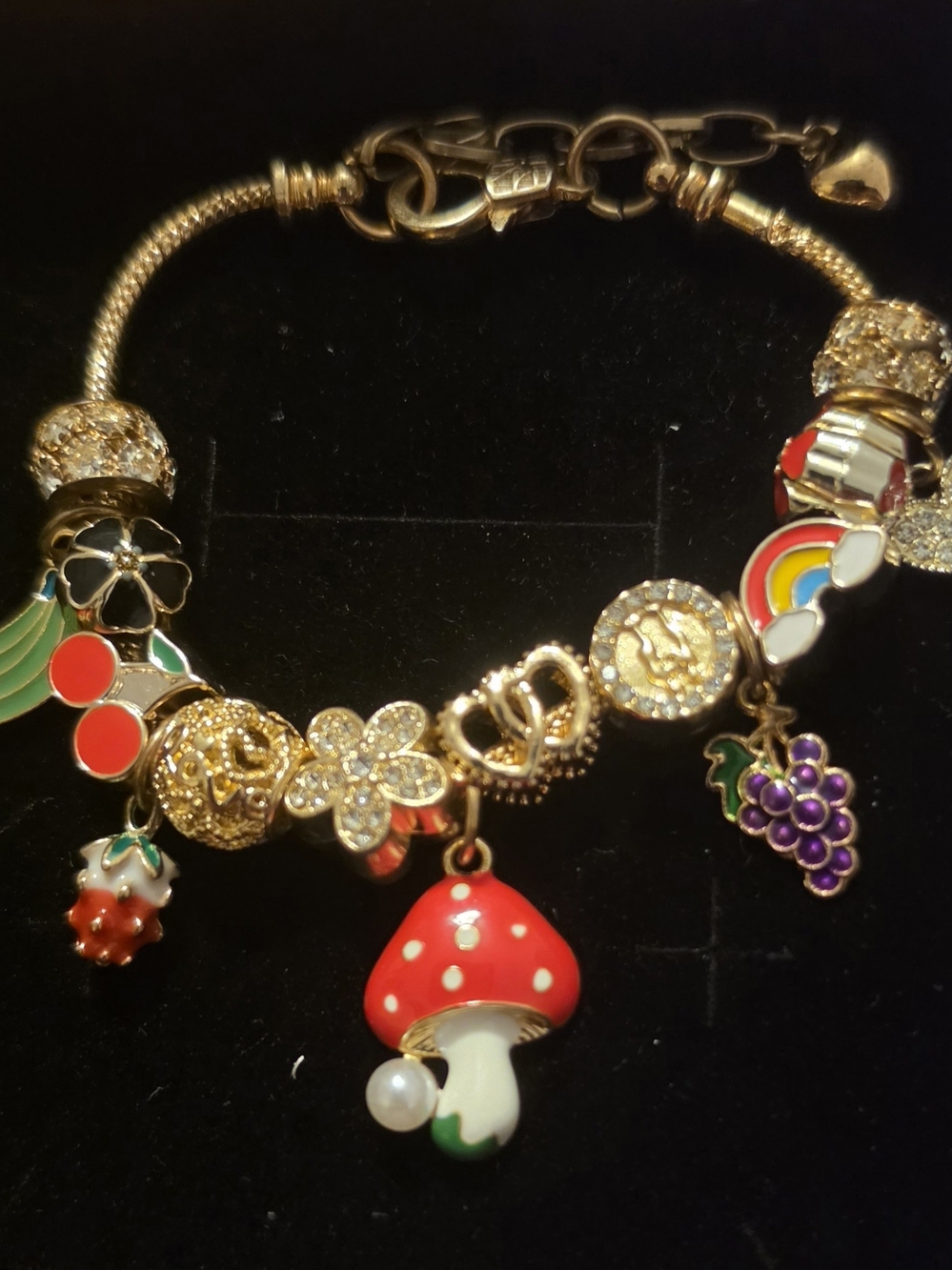 Gold-Tone Charm Bracelet with Red Mushroom & Colorful Fruit Charms